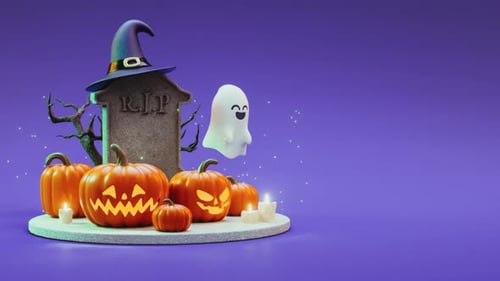 Animated 3D Halloween Scene with Pumpkins, Ghost, and Witch Hat