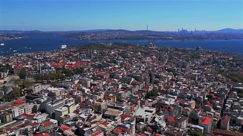 Morning Fatih Istanbul Turkey Türkiye aerial drone cityscape harbor view Golden Horn Blue Mosque