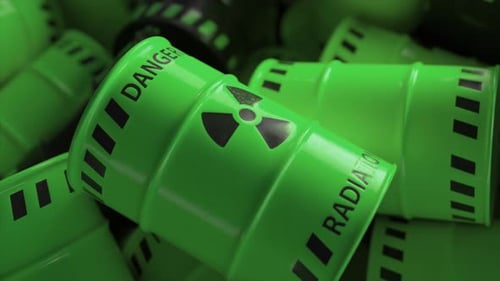 Animation of Multiple Green Barrels with Black Nuclear Symbols Nuclear Power and Energy Concept 3d