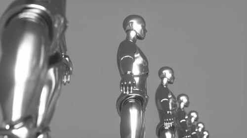 Futuristic Chrome Humanoids Walking in a Procession Animation Loop