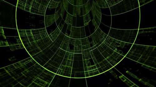 Seamless loop background with digital space tunnel made of morphing HUD elements with glow effect