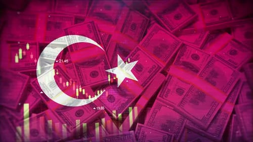 Turkish Flag Overlays Financial Charts and Money Stacks