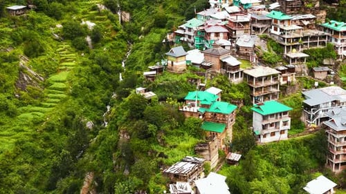 Drone Shot of Dense Village Settlement – Himachal Village Aerial View