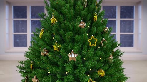 Animated Christmas Tree with Golden Ornaments and Festive Lights
