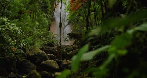 Wasserfall im dichten Tropenwald mit großen Felsen, die eine mysteriöse Aussicht bieten