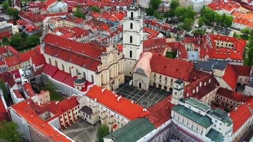 Oldest And Largest University In Lithuania At Vilnius Old Town. Aerial Orbiting