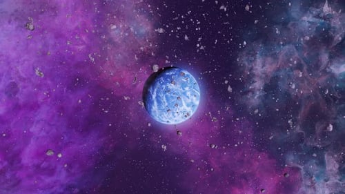 Animated Blue Planet and Asteroids in Cosmic Nebula