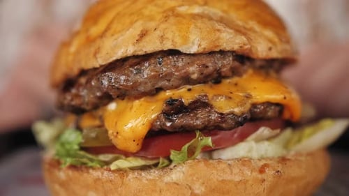 Delicious Double Cheeseburger with Melted Cheese Close Up