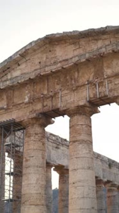 Restoration of Acropolis of World Historical Heritage Action Antique Columns of Dilapidated