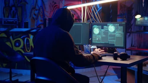 Person in Hoodie Working at Computer at Night