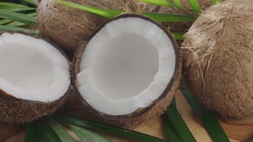 Frisch geöffnete Kokosnüsse zusammen mit Kokosscheiben und Kokosblättern.