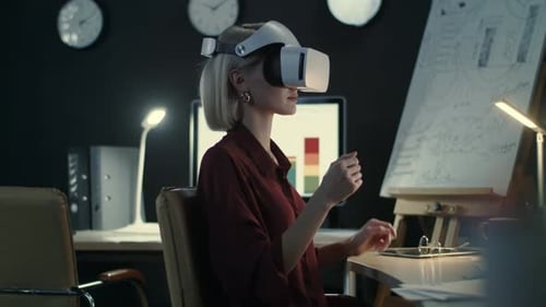 Virtual Reality Woman Swiping in Night Office
