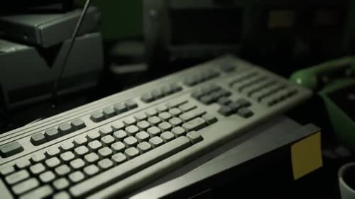 Detailed View of an Old Computer Keyboard in an Office Setting at Night