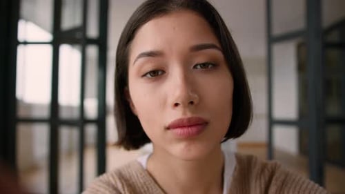 Caucasian Hispanic Woman Girl Female Lady Smile Webcam View POV Mobile Phone Screen Touch Sliding
