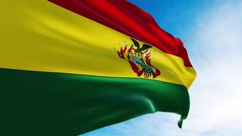 Realistic Bolivia Flag Waving with Coat of Arms Against Blue Sky