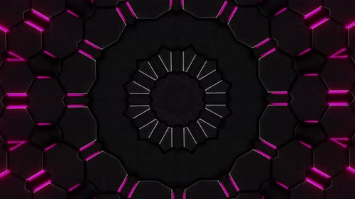 Circular design with neon lights in the middle of it. Kaleidoscope VJ loop