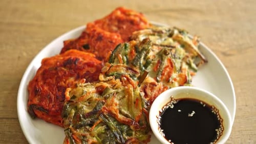 Korean Vegetable Pancakes with Dipping Sauce Close Up