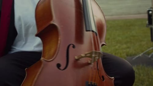 Young Adult Plays Cello in a City Park