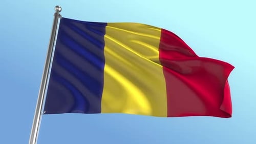Flag of Romania Waving in Wind Against Blue Sky Background
