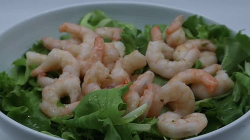 Fresh shrimp salad with lettuce on white dish rotating.