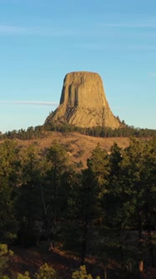 Devils Tower Butte in Morning Crook County Landscape Wyoming Aerial View Vertical Video