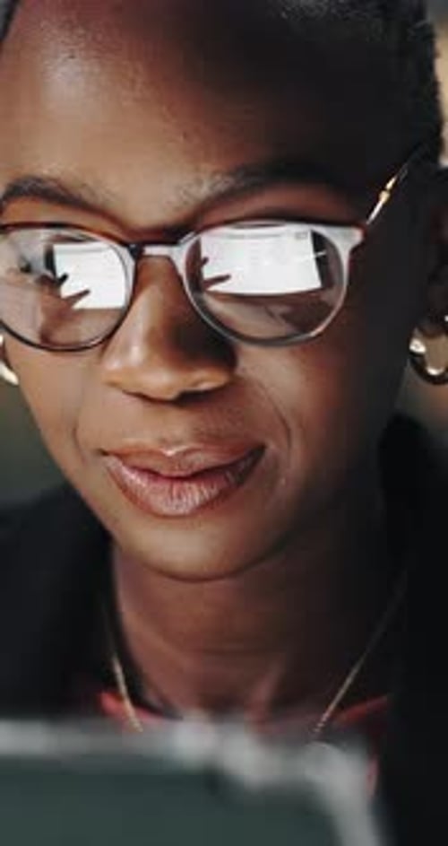 Night, reading and black woman with tablet in office for planning, report