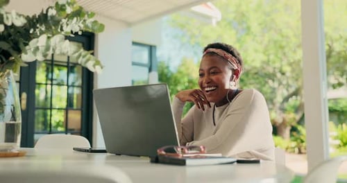 Laptop, online class and video call with black woman in home for distance school