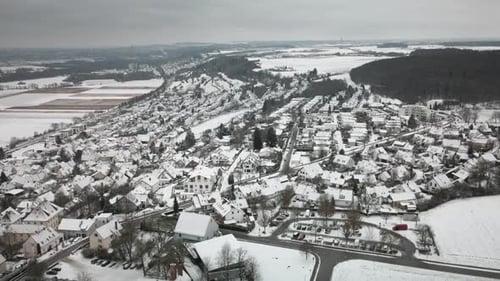 Rising Backward Drone Snowy Village Panorama