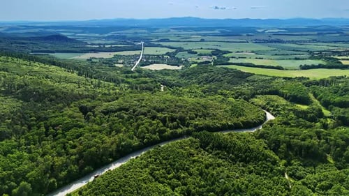 Hilly roads in lush scenery. Aerial view showcases green hills and winding