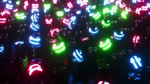 Des
boules de néon multicolores rebondissant sur des tuyaux. Animation en boucle infinie