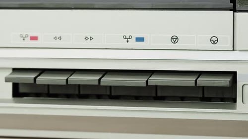 Retro Radio Tape Recorder Audio Cassette Playing Closeup Listening to Music Recording Studio Old