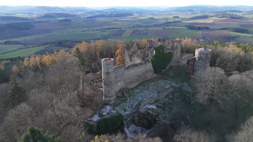 Aerial video above Helfenburk u Bavorova castle ruins aerial view in Czech Republic