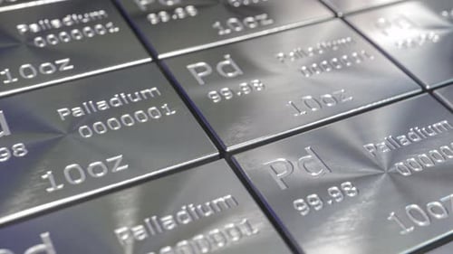 3D-анимация слитков или слитков палладия в ряд и стопки