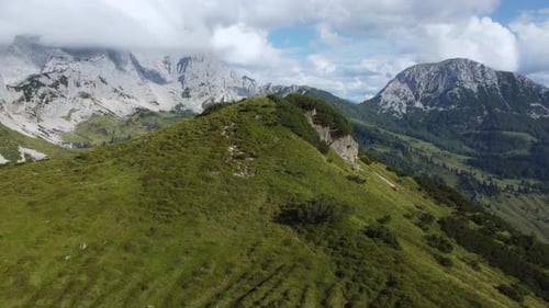 Alpine green valley with majestic Dachstein massif in background