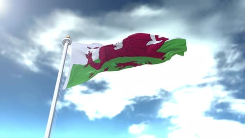 Realistic 3D Wales Flag Waving in Wind with Cloudy Sky