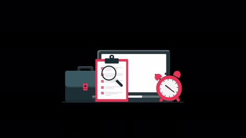 Animierter Laptop mit Uhr, Zwischenablage und Bürotasche. Konzeptvideo zur Arbeitszeitgestaltung — transparent