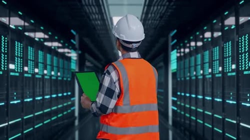 Rückansicht eines asiatischen männlichen Ingenieurs, der an einem Greenscreen-Tablet im Rechenzentrum arbeitet