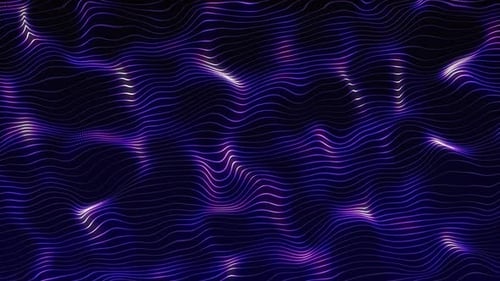 Purple abstract digital waves top view on a dark blue background. Modern looped liquid tech neon flu
