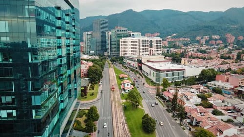 Aerial View of Modern Business District with Tram Lines and Roads in Usaquén - Bogotá, Colombia