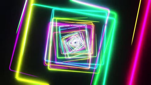 Vibrant neon light squares tunnel animation background for events