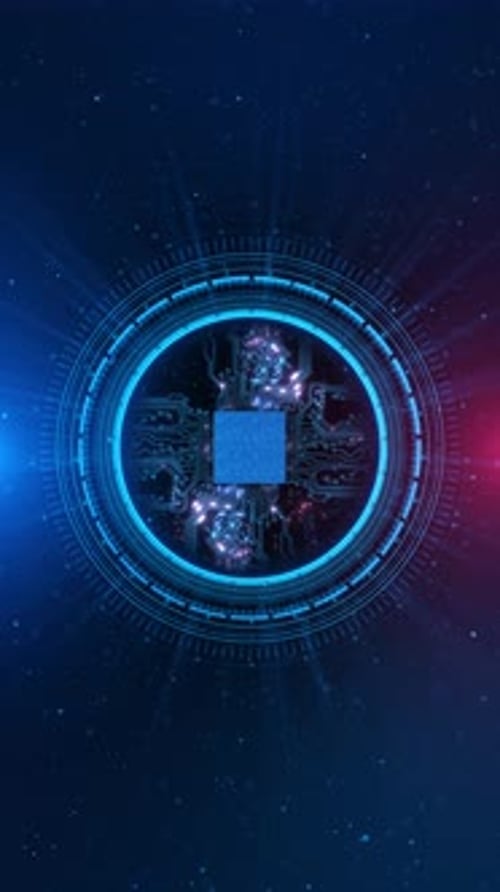 Interface de processeur AI circulaire futuriste, technologie de base numérique, puce de processeur d'arrière-plan HUD