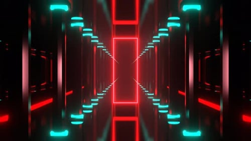 Turquoise And Red Neon Portal In The Columned Corridor Background Vj Loop I 4K