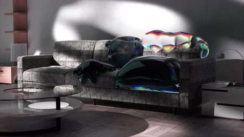 Gray Couch Transforms Into a Liquid Transparent Rainbow Substance