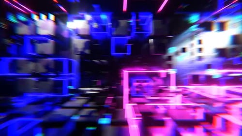 Camera Movement and Rotation in a Futuristic Tunnel with Glowing Cubes