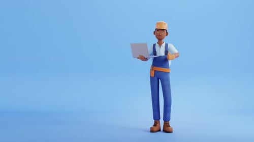 Анимация персонажей Builder. Рабочий на строительной площадке, разнорабочий или сантехник
с ноутбуком