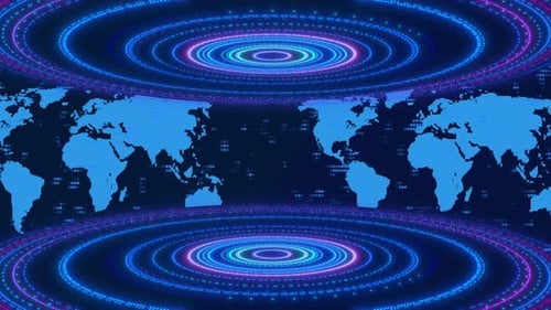 Futuristische digitale Weltkarte mit leuchtenden konzentrischen Neonkreisen und Datengitter-Hintergrund