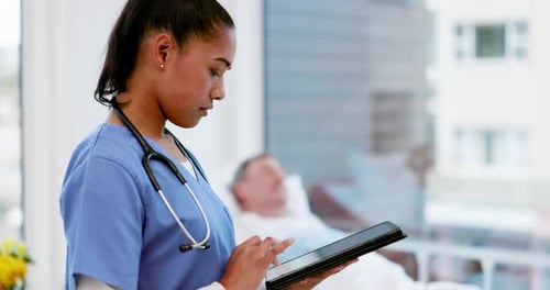 Tablet, woman hands and nurse check at hospital with elderly patient and medical results in ICU