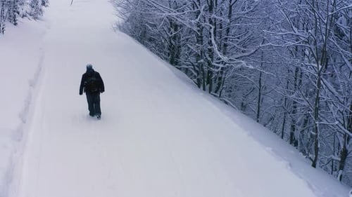 A Tired Tourist Walks Slowly in the Snow Along a Snowy Path in a Dense Forest