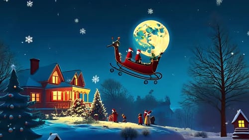 Linda véspera de Natal na cidade com neve, luzes e trenó do Papai Noel