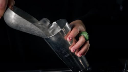 Close-up - the process of preparing a cocktail in a restaurant using a shaker